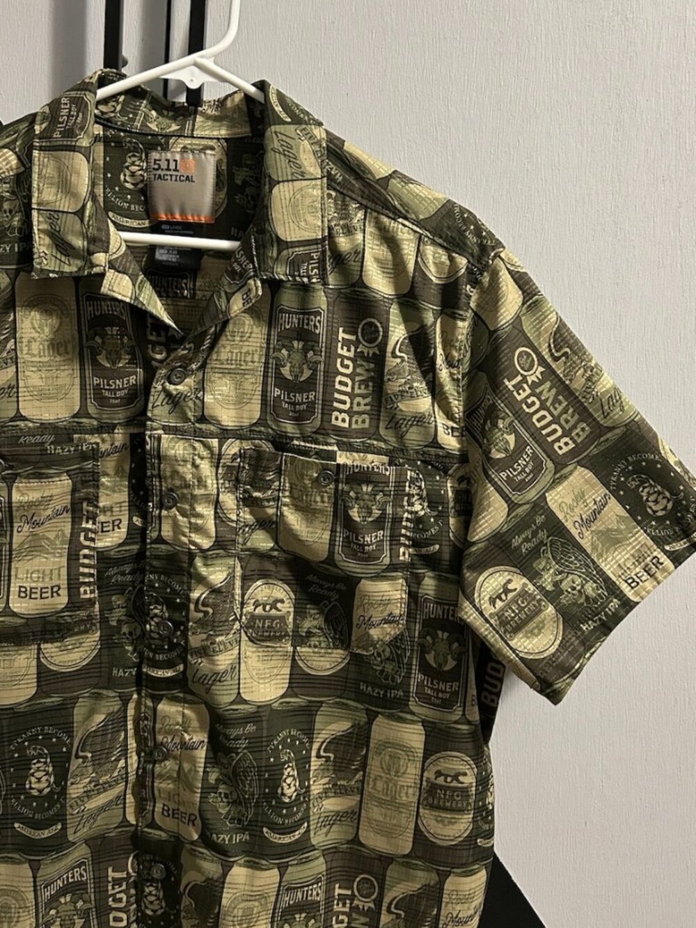 5.11 Tactical Green All Over Beer Lager Print SS Snap Front Party Shirt Men's L